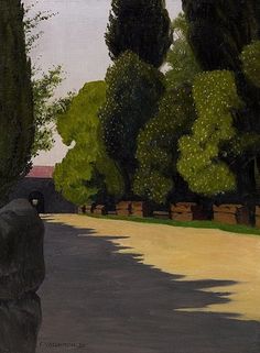 an oil painting of trees along a road