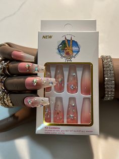 Baecation Nails, Nails Long Pink, Pink Bling Nails, White Press On Nails, Press On Nails Long, Pink Bling, Cuticle Pusher, Nails Long, Bling Nails