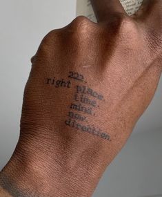 a hand with the words right place, left and right direction written on it in black ink