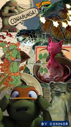 a collage of pictures with different types of animals and plants on them, including an image of a turtle