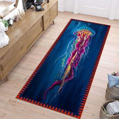 a living room area rug with a jellyfish on it