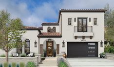 this is an artist's rendering of a house with stucco and wood trimming