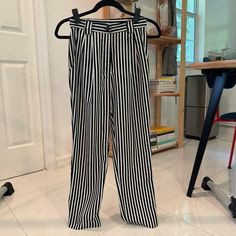 Rare Vintage American Apparel Black And White Vertical Striped, Straight Leg Pant Constructed With Lightweight Fabric And Features A Super Flattering High Waist, Belt Loops, Side Pockets And An Interior Button. Hemmed To Fit A 5’2 Frame. Would Make A ‘Sexy Beetlejuice’ Halloween Costume Tbh Purchased These In 2010 Retro Striped Fitted Bottoms, Vintage Striped Fitted Pants, Black Full-length Bottoms With Side Stripes, Beetlejuice Halloween Costume, Cheap Non-stretch Striped Pants, Non-stretch Striped Pants With Pockets, Beetlejuice Halloween, Straight Leg Pant, Vertical Stripes