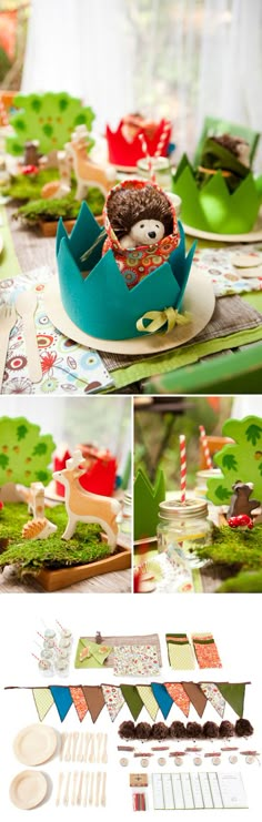 the table is set up for a birthday party with cupcakes and other decorations