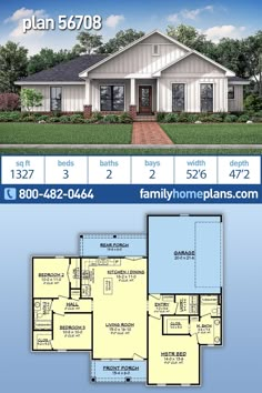 the floor plan for this ranch home is shown in blue and white, with an attached garage