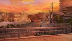 a painting of a sunset over a city