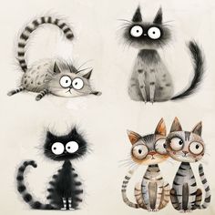 four cats with different facial expressions are shown in this drawing, and one cat is looking at the camera