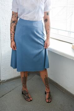 Vintage blue zip fastening on the left side skirt. Made in West Germany. UK size not written but looks flexible like 10-12. Model size on the photo is 8-10. measurements: length 28 inches, waist 28.5 inches, hips 42 inches. Blue Midi Skirt, Womens Skirts, West Germany, Lithuania, Vintage 70s, Midi Skirt, Art Collection, Womens Skirt, Bathing Beauties