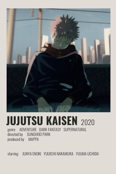 an anime character sitting in front of a cityscape with the words jutsusu kaisen on it