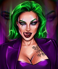 a drawing of a woman with green hair and tattoos on her chest, dressed in purple