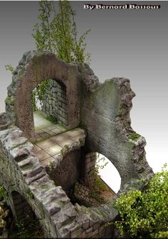 an image of a stone structure with trees growing out of it