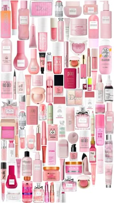 many different types of pink and white cosmetics