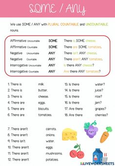 some / any worksheet with words and pictures to help students learn how to use them