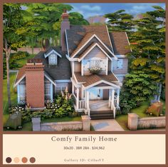 an image of a large house in the middle of trees and bushes with text that reads, comfy family home