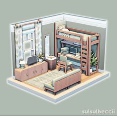 a room with bunk beds, couches and other furniture in it's center