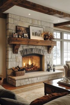 a living room with a fire place and couches