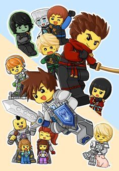 the legos are all different characters in this cartoon character drawing style, and each has their own name on it