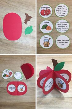 four different pictures of apples with labels and stickers on the top, one showing an apple