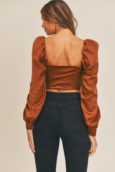 Long sleeve solid satin puff sleeve crop top with lace up front. 95%POLYESTER/5%SPANDEX satin/silky material True to size Lace Up Crop Top, Puff Sleeve Crop Top, Small Crop Tops, Lace Front, Puff Sleeve, Crop Top, Long Sleeve Blouse, Lace Up, Satin