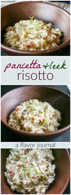 three different pictures of risotto in brown bowls