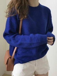 LOOSE KNITING BLUE SWEATER – rrdeye Bright Blue Sweater, Royal Blue Sweater, Winter Sweater Outfits, Plus Size Cosplay, Sweater Tops, Dresses Chiffon, Short Lace Dress, Cardigan Shirt, Printed Long Dresses