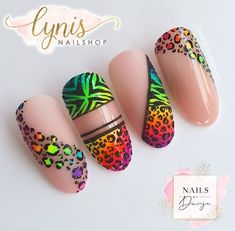 Neon Animal Print, Girls Nail Designs, Tropical Nails, Nail Drawing, Gel Acrylic Nails, Animal Print Design