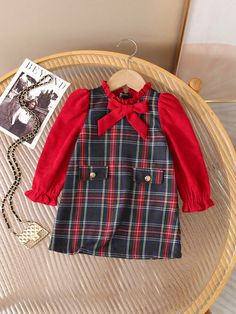 Adorable Plaid Bow Decor Long Sleeve Dress For Baby Girl, Suitable For Christmas And Outings Red   Long Sleeve Woven Fabric Colorblock,Plaid,Tartan A Line Non-Stretch  Baby Girls Clothing, size features are:Bust: ,Length: ,Sleeve Length: Dresses For Christmas, Jumper Dress Outfit, Hem Skirt Outfit, Plaid Overall Dress, Dress For Baby Girl, Stand Collar Blouse, Lantern Sleeve Top, Princess Sleeves