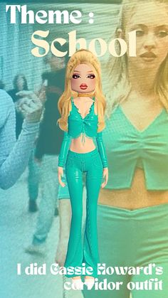 a girl with blonde hair and green outfit is standing in front of a blue background