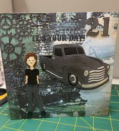 a card with an image of a woman standing next to a car