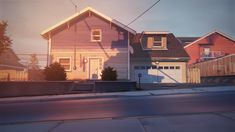 two story house on the corner of a street in front of some houses with garages