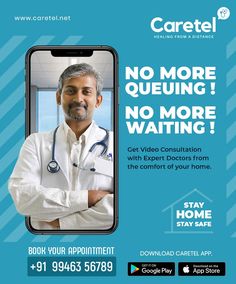 an advertisement for a doctors office with a doctor on the phone and text that reads no more queuing, no more waiting