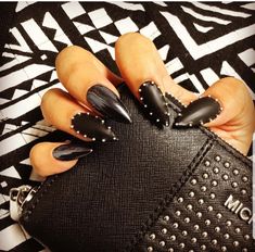 Matte Black Nails With Black Rhinestones, Black Nail Designs With Jewels, Rock Theme Nails, Black Nails With Studs, Black Stud Nails, Studded Nails Rhinestones, Rockville Nails, Rock Show Nails, Black Rocker Nails