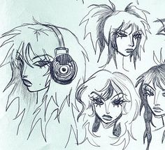 some drawings of different women with headphones on their ears and hair in the wind