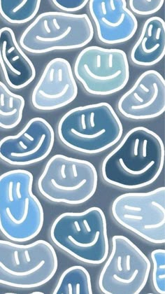 an abstract painting with blue and white shapes in the shape of smiley faces on a gray background