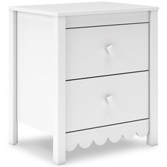 a white nightstand with two drawers on one side and an open drawer on the other