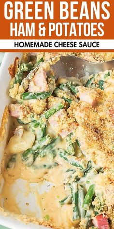 green beans ham and potatoes in a white casserole dish with a serving spoon