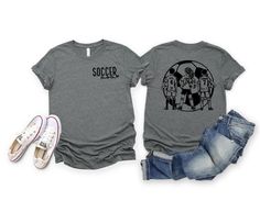 Show off your love for Soccer and your favorite players with this personalized Soccer tshirt. The front has a pocket sized Soccer mom design and the back is personalized with a silhouette and your players names and numbers, making this a one of kind shirt. This unisex t-shirt is made from high-quality materials, ensuring a comfortable fit that's perfect for both on and off the field. It's available in several colors and sizes **Ships in within 3-7 business days** Every tee is handmade to order w Soccer Shirts Designs For Parents, Soccer Tshirt Designs, Soccer Dad Shirt, Soccer Mom Gifts, Soccer Tshirt, Soccer Mom Shirt, Mom Design, Soccer Shirt, Soccer Mom