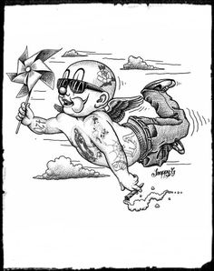 an ink drawing of a man flying through the air with an umbrella in his hand