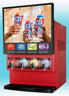 a red vending machine with two soda machines on it's front and the screen showing ice cream