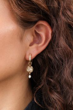 Universe Diamond and Pearl Earrings Diamond on Gold Hoop with Cage of Pearls by Designer WWAKE Diamond And Pearl Earrings, Tea Container, The Cage, Pearl And Diamond Earrings, Tassel Scarf, Bar Accessories, Gold Hoop, Online Boutiques, Earring Necklace