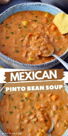 mexican pinto beans soup in a bowl with a spoon