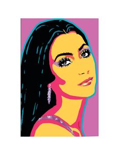 a painting of a woman's face with long black hair and purple eyeshadow