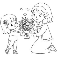 a mother giving flowers to her child