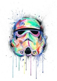 a watercolor painting of a storm trooper helmet with paint splatters on it