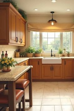 a kitchen filled with lots of wooden cabinets and counter top space next to a window