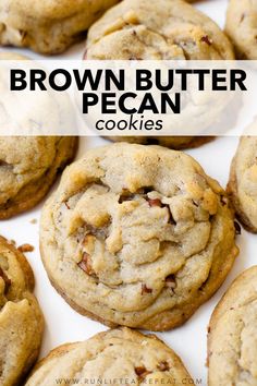 chocolate chip brown butter pecan cookies on a white surface with text overlay that reads,