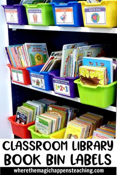 a book shelf filled with lots of books and plastic bins on top of it