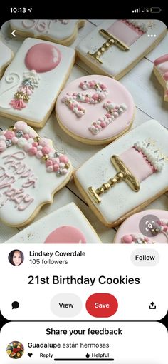 cookies decorated with pink and white icing are displayed on an instagram page for 21st birthday cookies