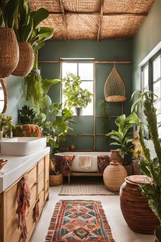 a bathroom with plants and rugs on the floor