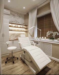 a white chair sitting next to a counter in a room